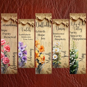 Ensemble de marque-page fleur de naissance - ensembles de marque-pages JPG - fleur de naissance sens signets - téléchargements numériques - sublimation de marque-page PNG
