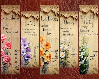 Birth Flower Bookmark Set - JPG Bookmark Sets - Birth Flower Meaning Bookmarks - Digital Downloads - PNG Bookmark Sublimation