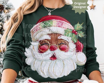 Père Noël noir chemise de Noël Png, Père Noël noir peint à la main Png, Père Noël noir rétro Png, joyeux Noël Png, Noël preppy Png