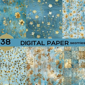 May include: A set of six digital papers featuring seamless patterns with gold floral designs on a blue background. The patterns include small flowers, large flowers, and branches with leaves. The text "38 DIGITAL PAPER seamless" is displayed at the bottom of the image.