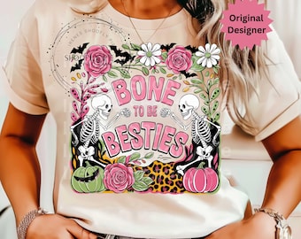 Bone To Be Besties skelet png, grappig skelet Halloween png, Halloween-skelet png, pompoenvleermuis Halloween-sublimatie, boho-Halloween