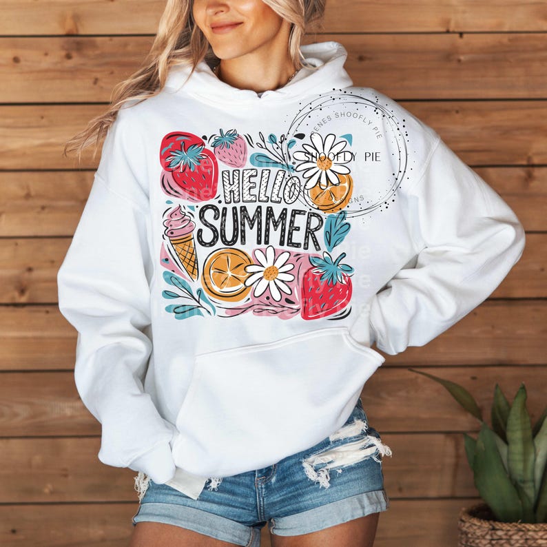 May include: White hoodie with a colorful graphic design featuring fruit, flowers, and the text "Hello Summer".