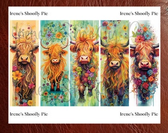 Highland Cow Printable Bookmark Set - Whimsical Highland Cow Bookmark Sets - Animal Bookmarks - Digital Downloads - PNG Bookmark Sublimation