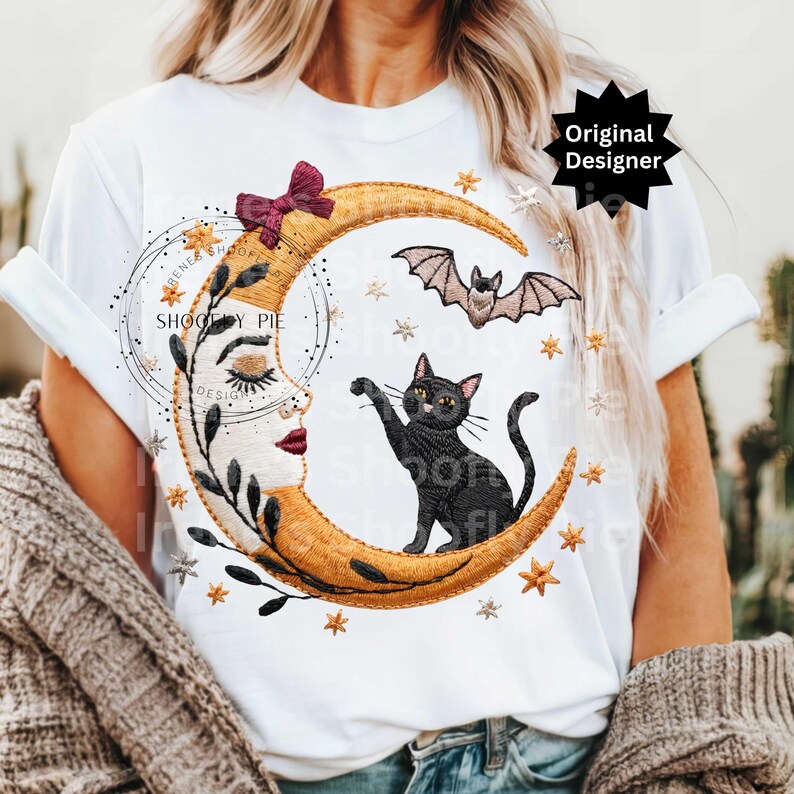 Namaakborduurwerk Halloween png, preppy wassende maan shirt png, griezelig seizoen ontwerp, fall vibes sublimatie, boho bloemen halloween ontwerp afbeelding 7
