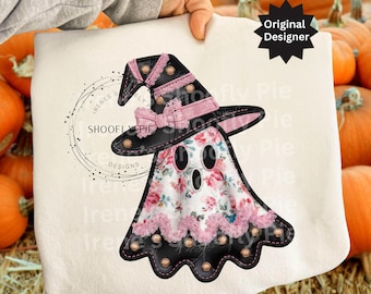 Adrettes Blumen-Halloween-Shirt PNG, Gruseliges Saison-Design, Patchwork-Geist-Sublimation PNG, Boho-Halloween-Digital-Download, Süßer Geist Png