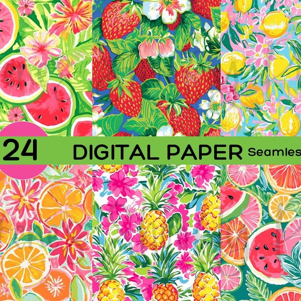 Preppy Summer Fruit Digital Paper - Fruit Seamless Patterns - Sublimation - Multi-Medium - 12x12 - Commercial Use - Preppy Seamless Patterns