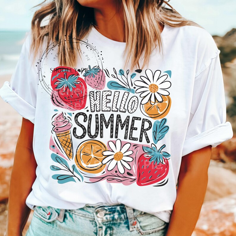 May include: White t-shirt with a colorful graphic design featuring strawberries, lemons, ice cream, and daisies. The text "Hello Summer" is printed in black.