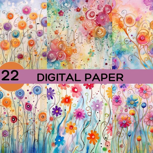 Whimsical Floral Digital Paper - Whimsical Spring Flower Printable Paper - Sublimation - Multi-Medium - 12x12 - Commercial Use