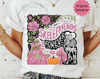 Skelefriends Forever png, roligt skelett Halloween png, Halloweenskelett png, pumpa fladdermus Halloween sublimering, boho Halloween
