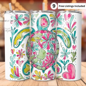 May include: A white tumbler with a colorful watercolor design of a sea turtle surrounded by flowers and hearts. The tumbler is 20 ounces and has a double-wall insulated design.