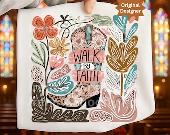 May include: White fabric with a colorful floral and boot design. The design includes a cowboy boot with the words "WALK BY FAITH" and various flowers and leaves in shades of pink, orange, and teal. The words "Original Designer" are also visible.