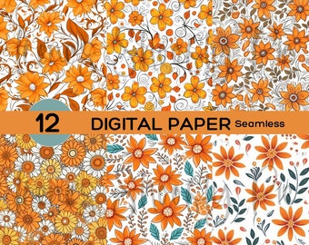 Papier sans couture fleurs orange Doodle - motifs floraux sans couture - sublimation de griffonnages floraux - multi-support - 12 x 12 - usage commercial