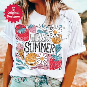 May include: White t-shirt with a colorful graphic design featuring the text "Hello Summer" surrounded by strawberries, daisies, lemons, and an ice cream cone.