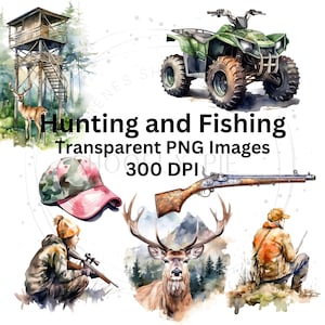 Hunting and Fishing Watercolor Clipart - Sports PNG - Scrapbooking - Hunting Png - Fishing PNG -Digital Download Only