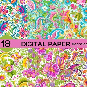 May include: 18 digital paper seamless patterns with colorful floral and paisley designs. The patterns feature a variety of colors, including pink, blue, green, yellow, and orange.