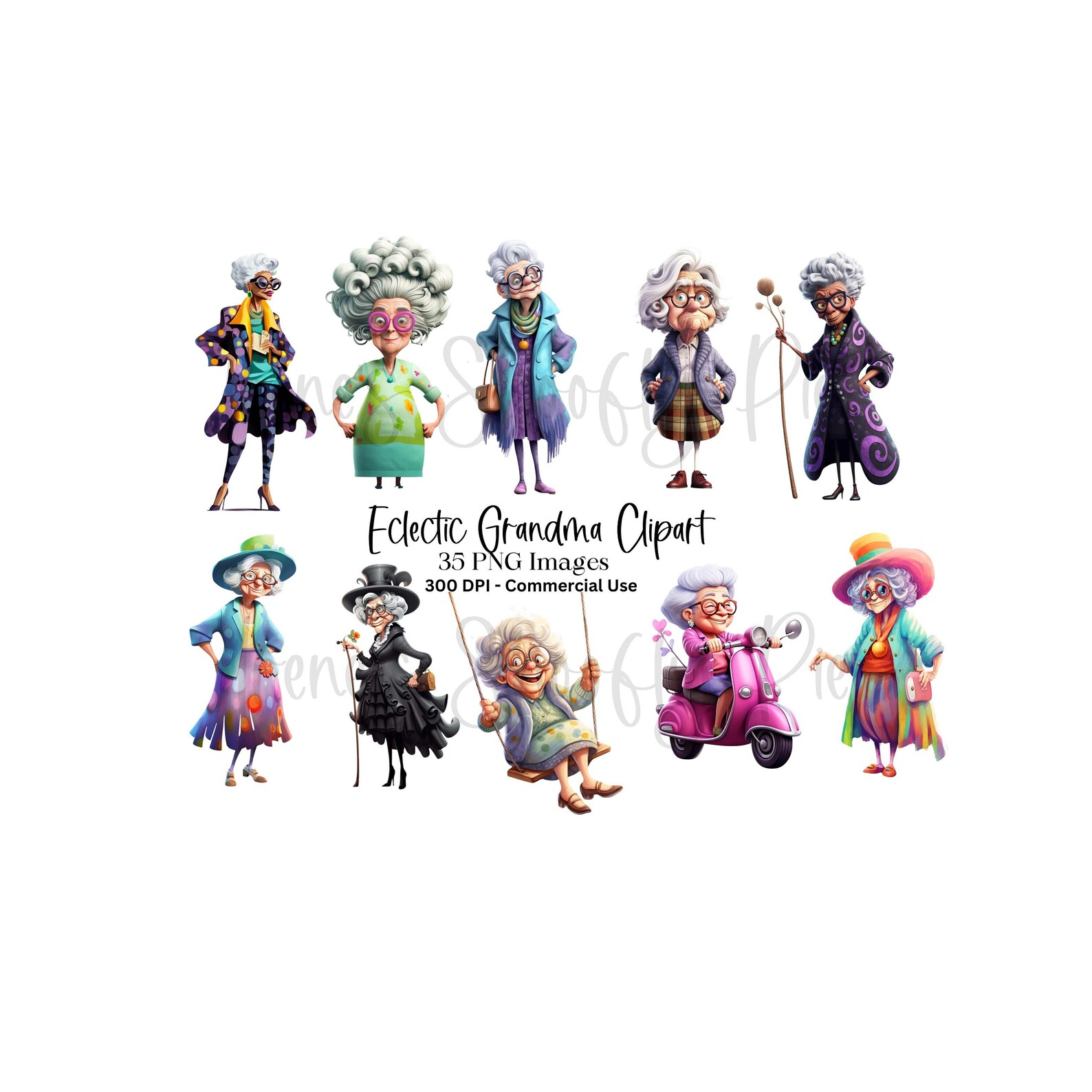 Whimsical Old Lady Clipart Eclectic Grandma PNG Mixed Media Quirky ...