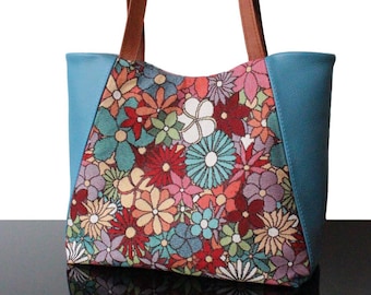 Shopping bag Tapestry leather Tote Floral tapestry Light blue leather handbag gift for women made in France