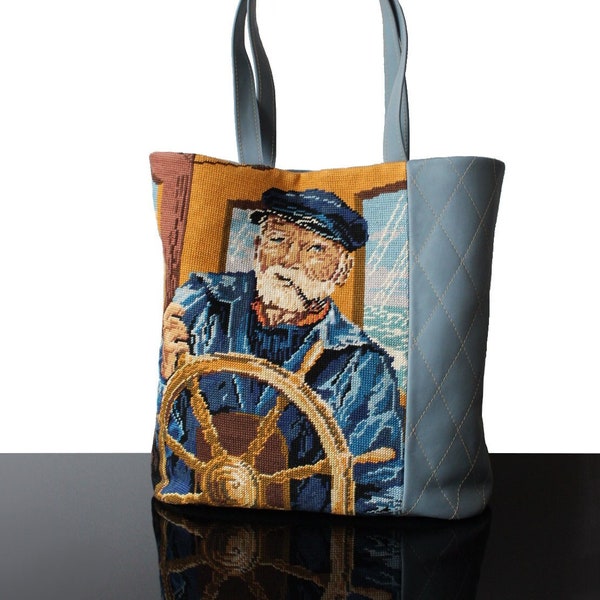 Grand fourre-tout Canevas vintage Marin Pêcheur sac cabas en cuir Bleu matelassé Art sac à main fabriqué en France cadeau unique pour femme