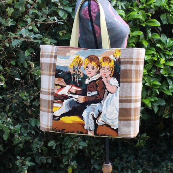 Grand sac Cabas en canevas vintage Les enfants Bowden J. Hoppner sac en tweed Anses cuir viritable Fond de sac en cuir