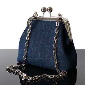 Blue leather clutch Navy blue Wedding bag Evening clutch with Silver kisslock purse Gift for her Small handbag Cocktail clutch