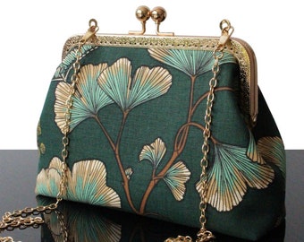 Tasche mit goldenem Ginkgo-Blumenmuster, smaragdgrüne Hochzeits- und Abend-Clutch mit Metallverschluss für Damen, hergestellt in Frankreich