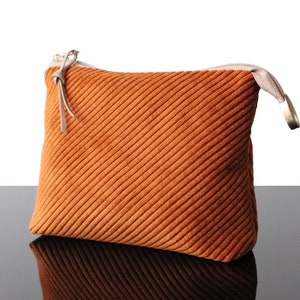Corduroy Makeup bag with Zip Orange Cosmetic pouch zippered purse with Floral cotton lining Gift for her unique Soft purse