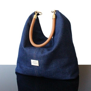 Denim tote bag navy blue bag Oversized shoulder leather strap Handmade denim bag Fall Winter bag 2023-2024