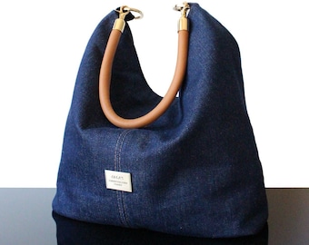 Denim tote bag navy blue bag Oversized shoulder leather strap Handmade denim bag Fall Winter bag 2023-2024