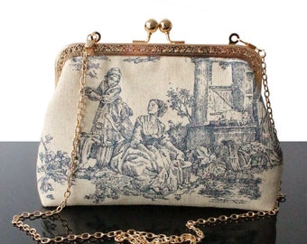 Sac Toile de jouy Bleu marine pochette Mariage et soirée femme style vintage fabriqué en France