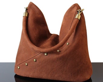 Vintage Leather handmade bag studded leather Dark brown handbag with shoulder strap gift for her