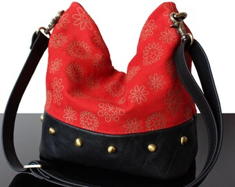 Vintage leather Women's handbag Black and red leather Shoulder bag studded purse trendy hobo bag Gift for her