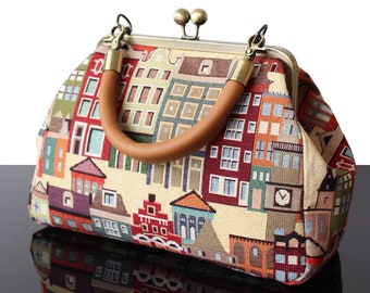 Boston Vintage tapestry bag doctor bag kisslock tapestry and leather strap Gift for her unique