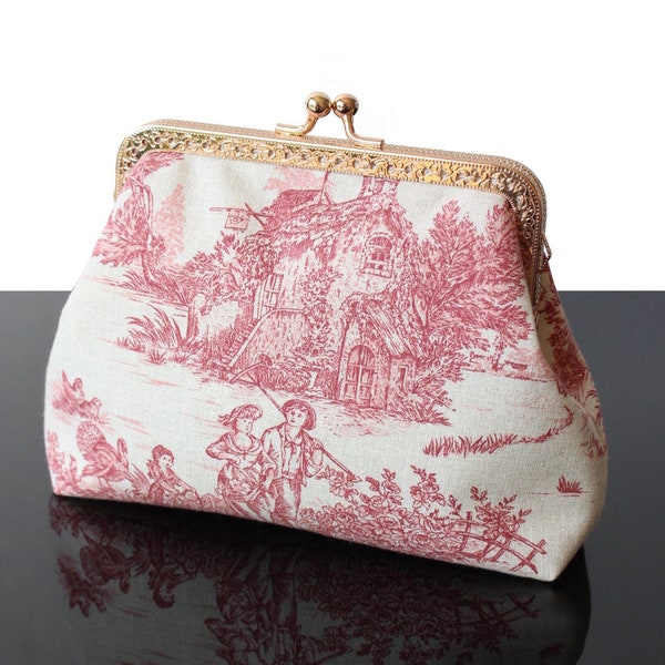 Sac Toile de jouy rouge trousse de maquillage unique pochette en lin pour femme style vintage fabriqué en France