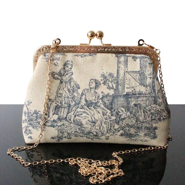 Toile de jouy bag Navy blue Wedding clutch purse kisslock Linen handbag for women gift unique for her