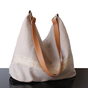 Linen and leather tote bag Beige hobo bag with top handle Shoulder bag Women&#39;s bucket bag Canvas Natural color Gift for Her Summer tote bag