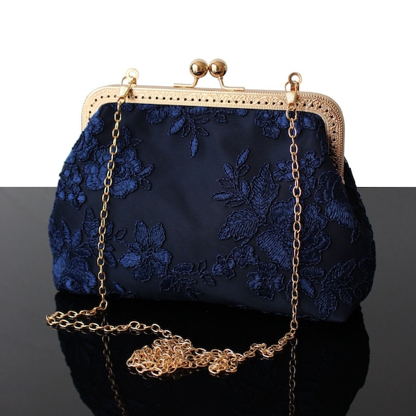 Navy blue evening bag Wedding clutch purse Floral Bridal purse Wedding clutch gift for her made in France