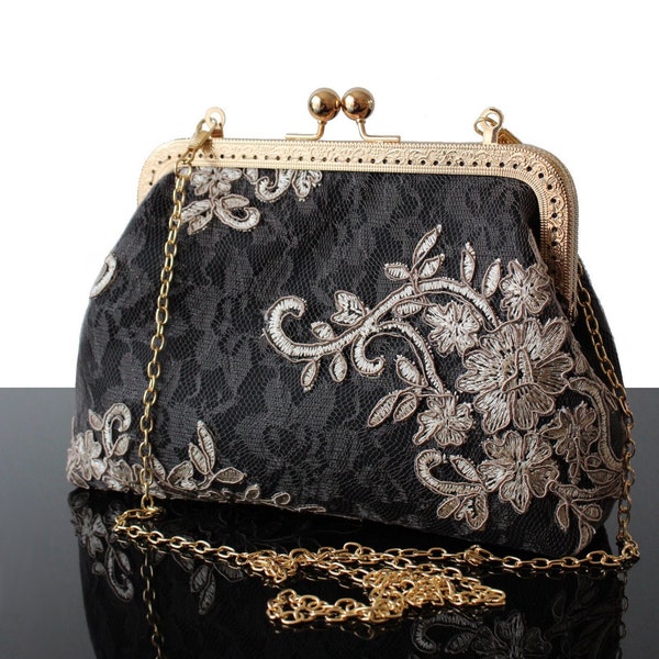 Pochette Noir sac soirée et mariage dentelle beige doré sac à bandoulière fermoir Dorée tendance 2024