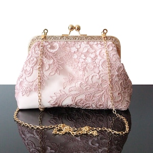 Pochette mariage Rose poudré sac de soirée et cérémonie en soie et dentelle raffine Cadeau demoiselle d'honneur sac pochette unique