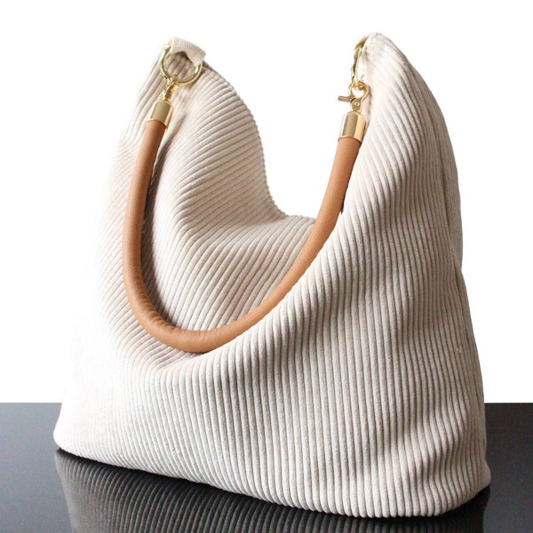 Sac velours cotele Ivoire anse en cuir véritable sac fourre tout femme style minimaliste cadeau pour elle Velours cotele tendance