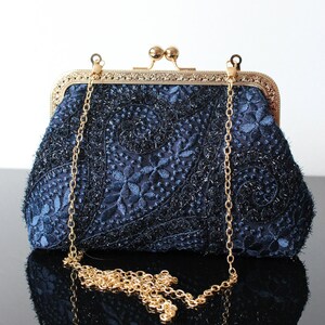 Wedding vintage Navy blue floral bag Wedding clutch bag lace purse navy blue silk bag Kisslock clasp