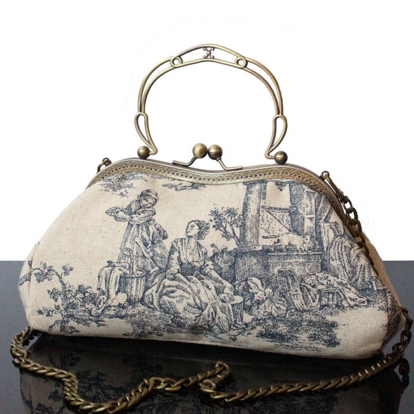 Toile de Jouy Wedding clutch bag Navy blue evening purse Vintage kisslock bag made in France