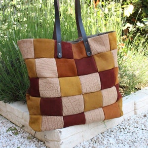 Leather Tote bag Patchwork Brown bag handmade Large Leather shoulder bag Gift for her French design handbag
