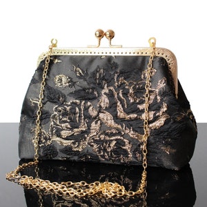 Wedding bag clutch Black Evening bag with golden floral Unique gift for Bridal day Kisslock purse handmade bag