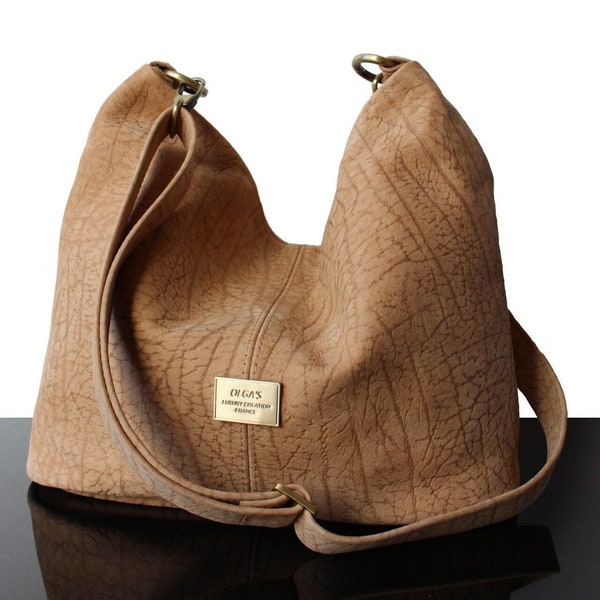 Sac cuir Beige fait main à bandoulière réglable fabriqué en France sac à main en Daim et cuir véritable