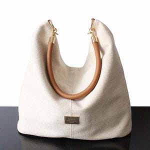 Sac Hobo Lin Blanc Anse cuir Cabas en canvas ecru sac porté épaule pour femme