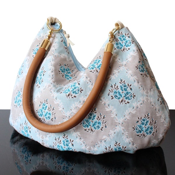 Women's Tapestry handbag Hobo Floral purse white blue Tiny roses leather shulder bag