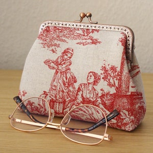 Toile de jouy Bag Red and beige makeup kisslock purse in Linen fabric Handmade Cosmetic pouch French Toile vintage bag Gift for her