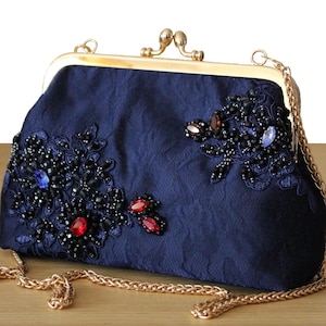 Navy Blue Beaded evening bag Wedding clutch purse Luxury bag made in France Handmade bag Gift for Her