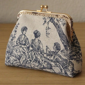 Porte-monnaie en Toile de Jouy Portefeuille vintage Pochette à fermoir pression Cadeau pour elle Toile de Jouy Bleu marine et beige