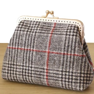 Wool cosmetic bag Handsewn Makeup kisslock bag vintage purse Unique cosmetics pouch made in France Gift for her Tweed fabric